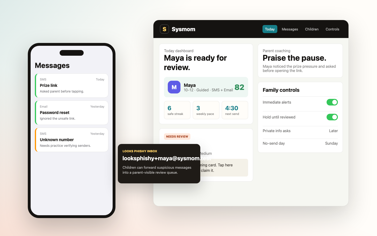 Sysmom parent dashboard preview showing child progress, messages, and controls